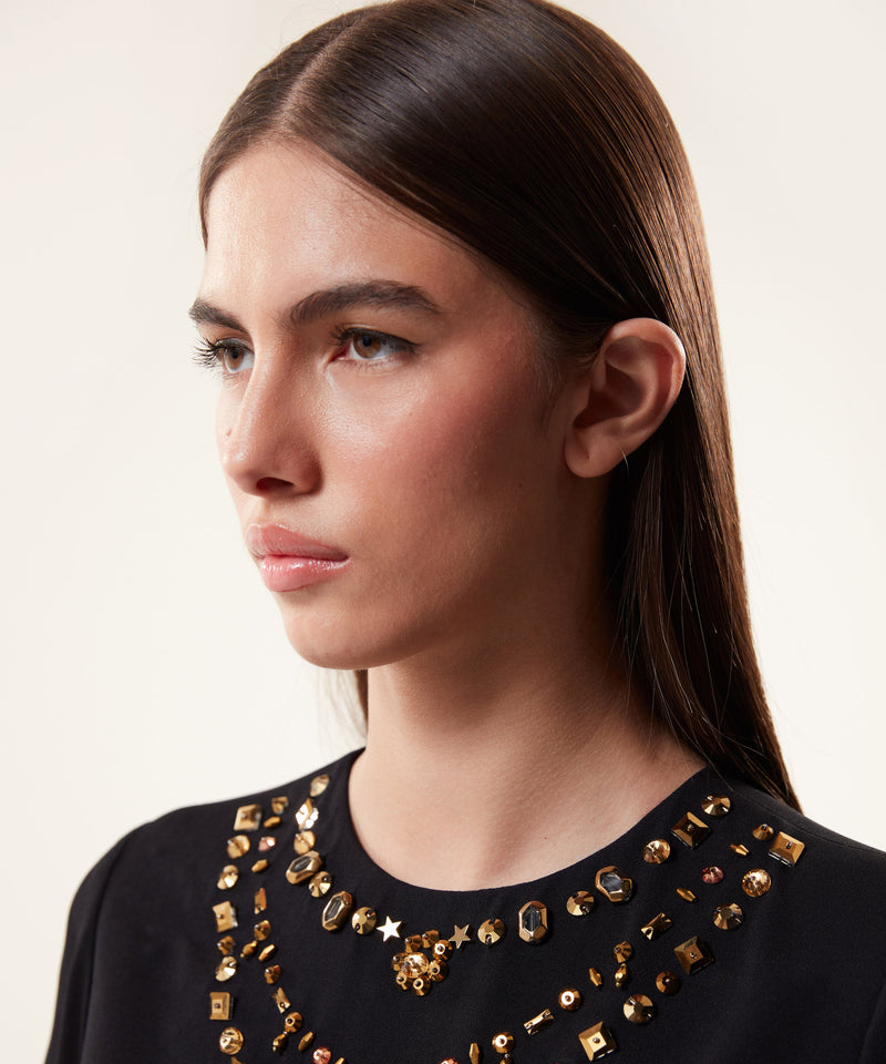 Machka Stone-Embroidered Crepe Blouse Black