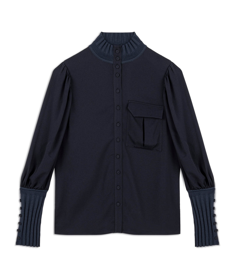 Machka Ribbed Detail Solid Blouse Navy Blue