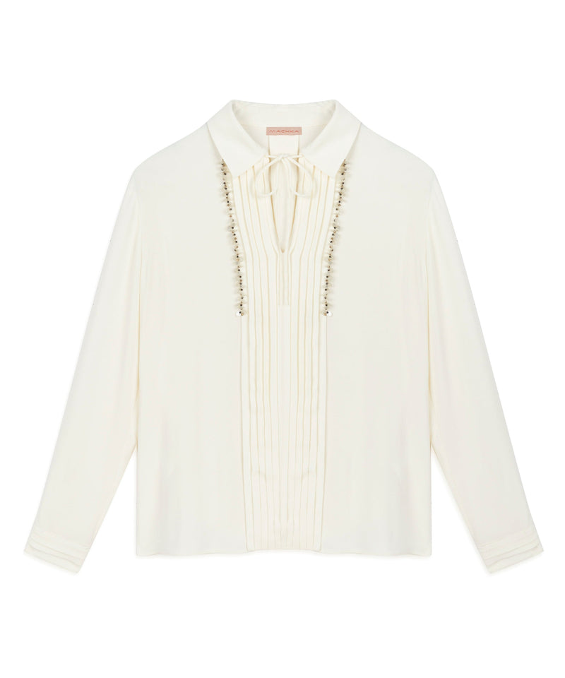 Machka Embellished Pleated Solid Shirt Off White