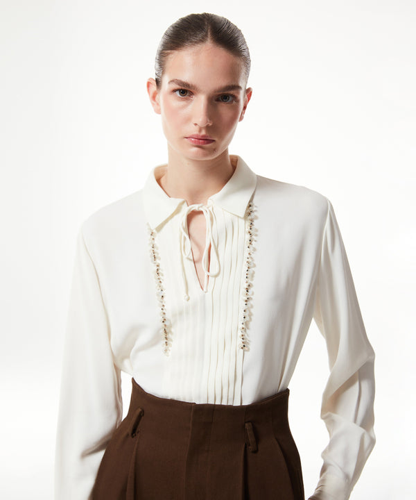 Machka Embellished Pleated Solid Shirt Off White