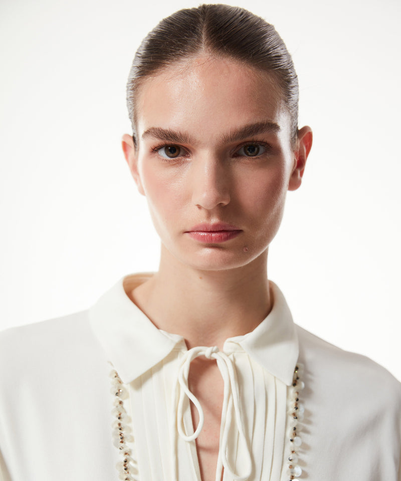 Machka Embellished Pleated Solid Shirt Off White