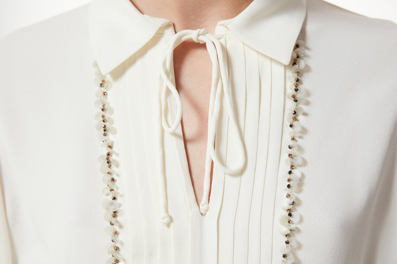 Machka Embellished Pleated Solid Shirt Off White