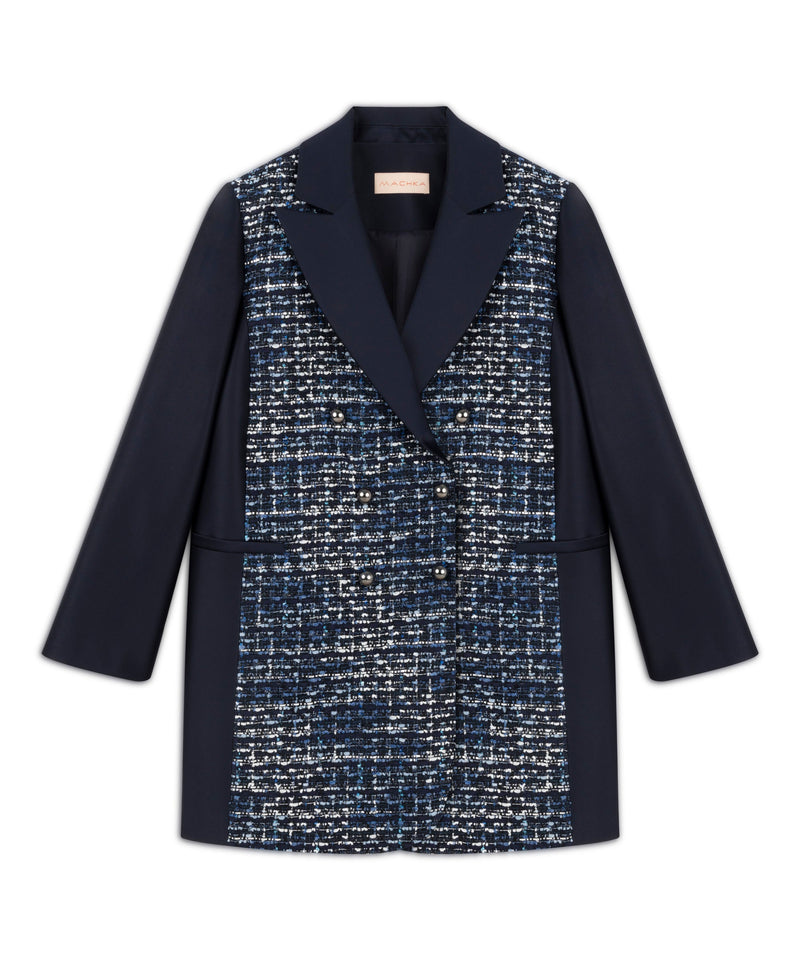 Machka Tweed Textured Coat With Pearl Buttons Navy Blue