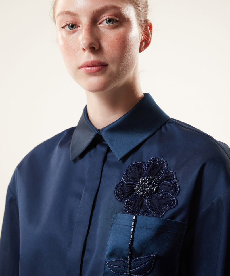 Machka Floral Embroidered Poplin Shirt Navy Blue