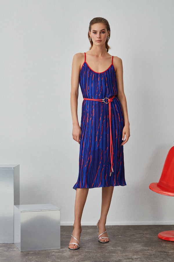 Nocturne Printed Thin Strap Pleated Dress Blue