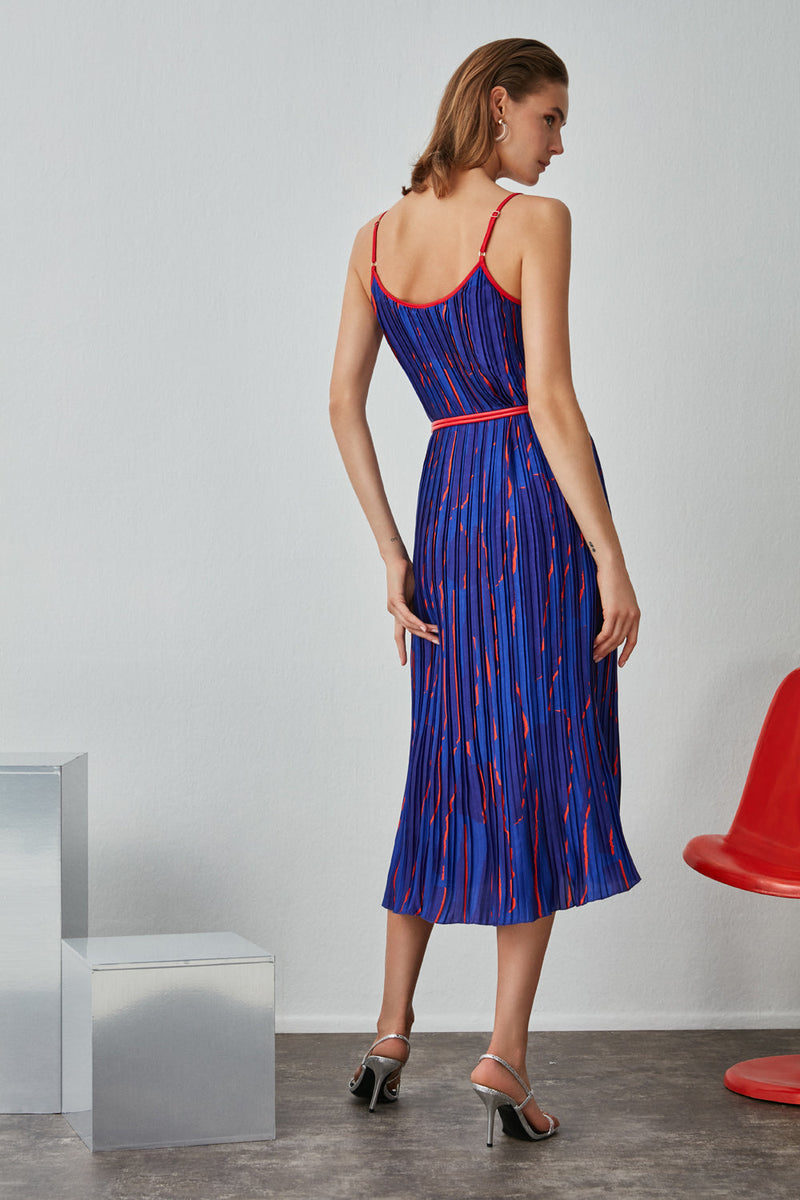 Nocturne Printed Thin Strap Pleated Dress Blue