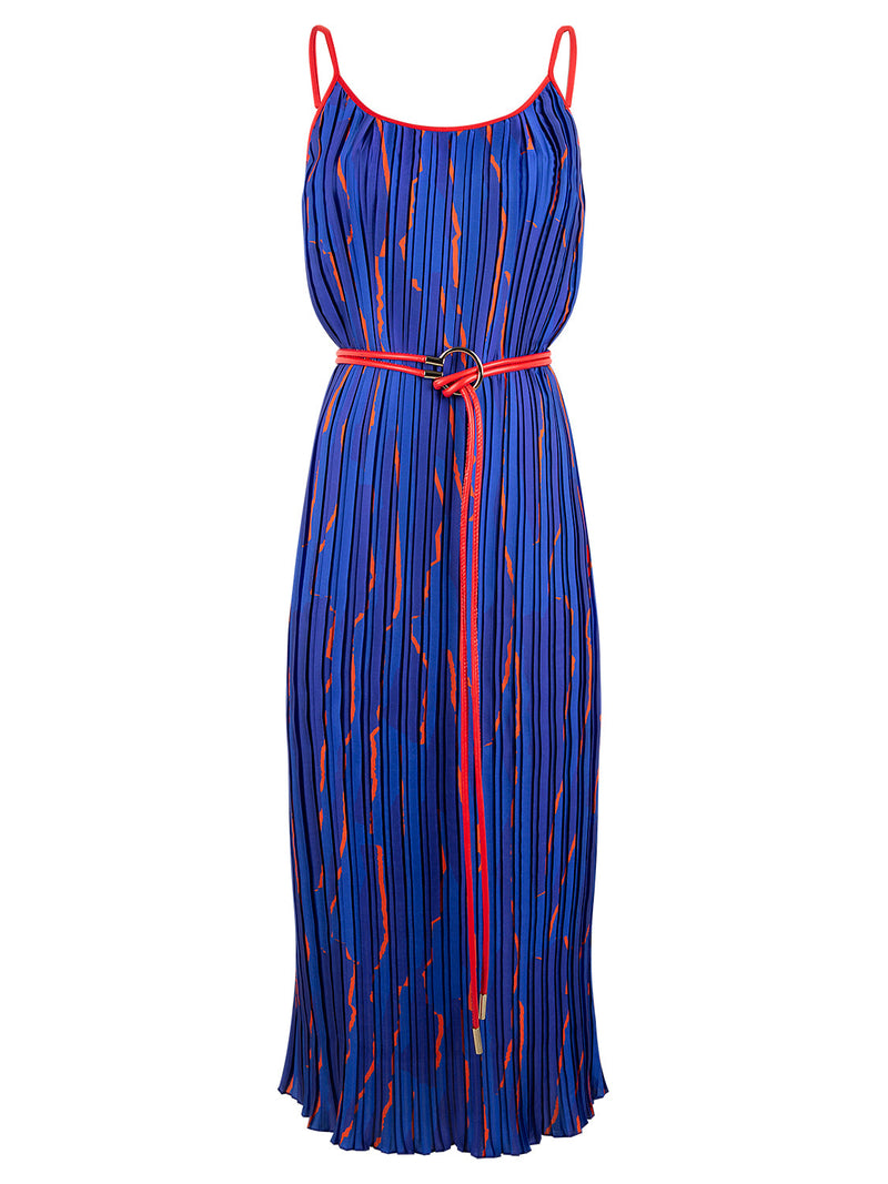 Nocturne Printed Thin Strap Pleated Dress Blue