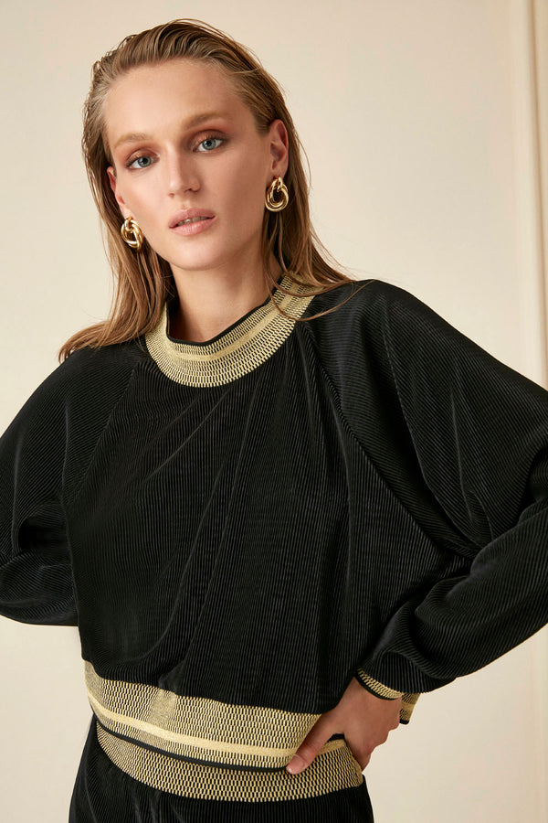 Nocturne Long Sleeve Ribbed Detail Blouse Black