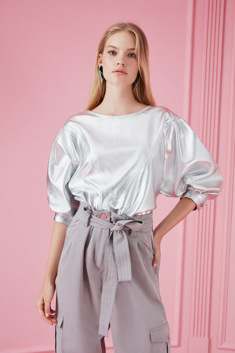 Nocturne Metallic Balloon Sleeve Blouse Silver