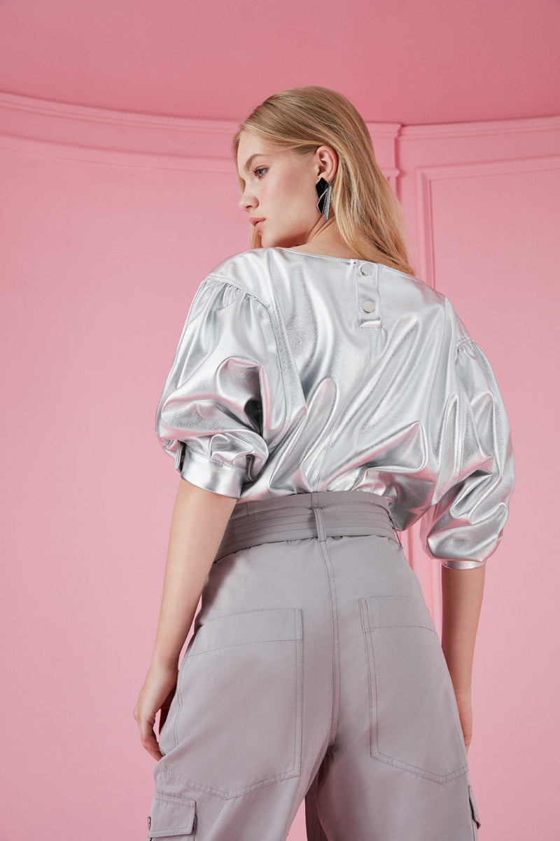 Nocturne Metallic Balloon Sleeve Blouse Silver