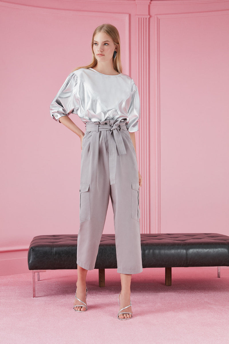 Nocturne Metallic Balloon Sleeve Blouse Silver