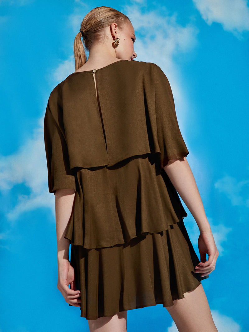 Nocturne Dress Short Layered Pleat S Khaki - Wardrobe Fashion