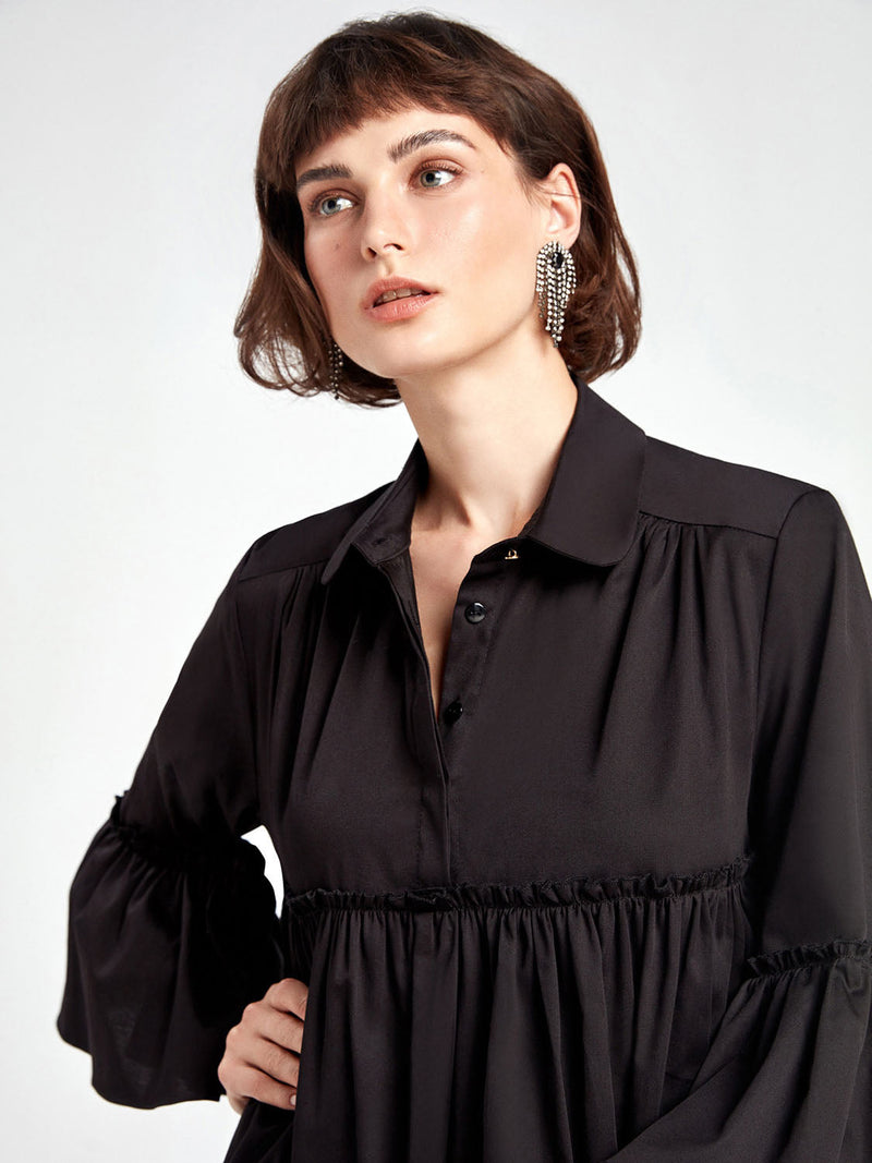 Nocturne Dress Shirt Short Pleat L/S Black - Wardrobe Fashion