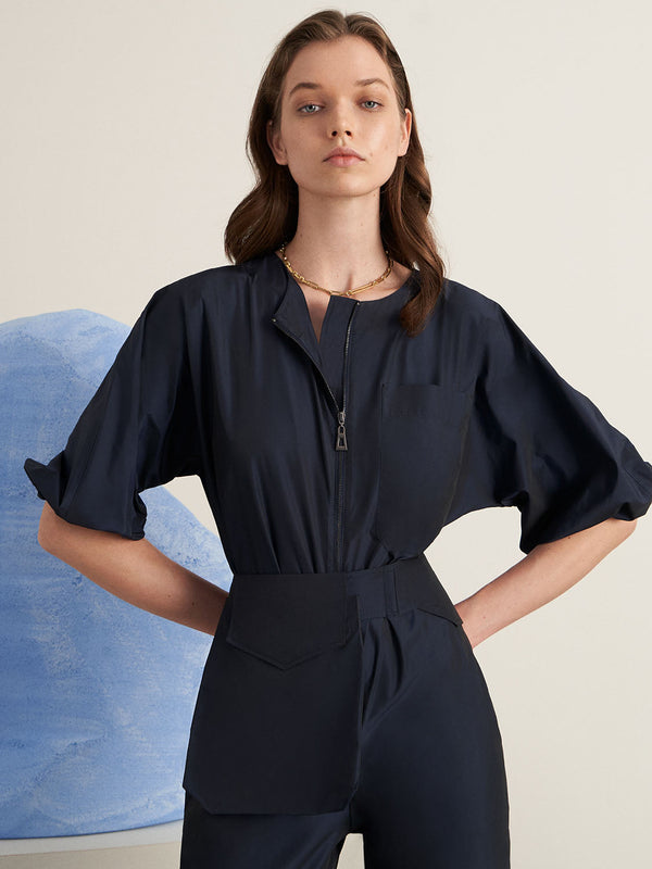 Nocturne Three-Quarter Sleeve Bag Belted Slit Fit Jumpsuit Navy Blue