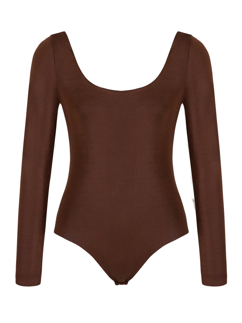 Nocturne Long Sleeve Deep Neckline Bodysuit Dark Brown