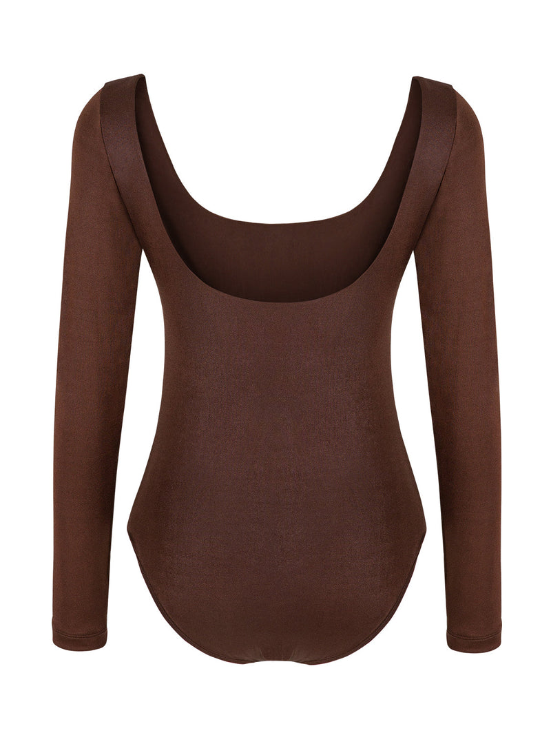 Nocturne Long Sleeve Deep Neckline Bodysuit Dark Brown