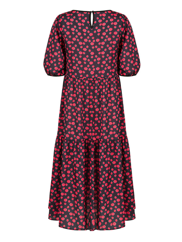 Nocturne Floral Print Balloon Short Sleeve Midi Dress Multi Color