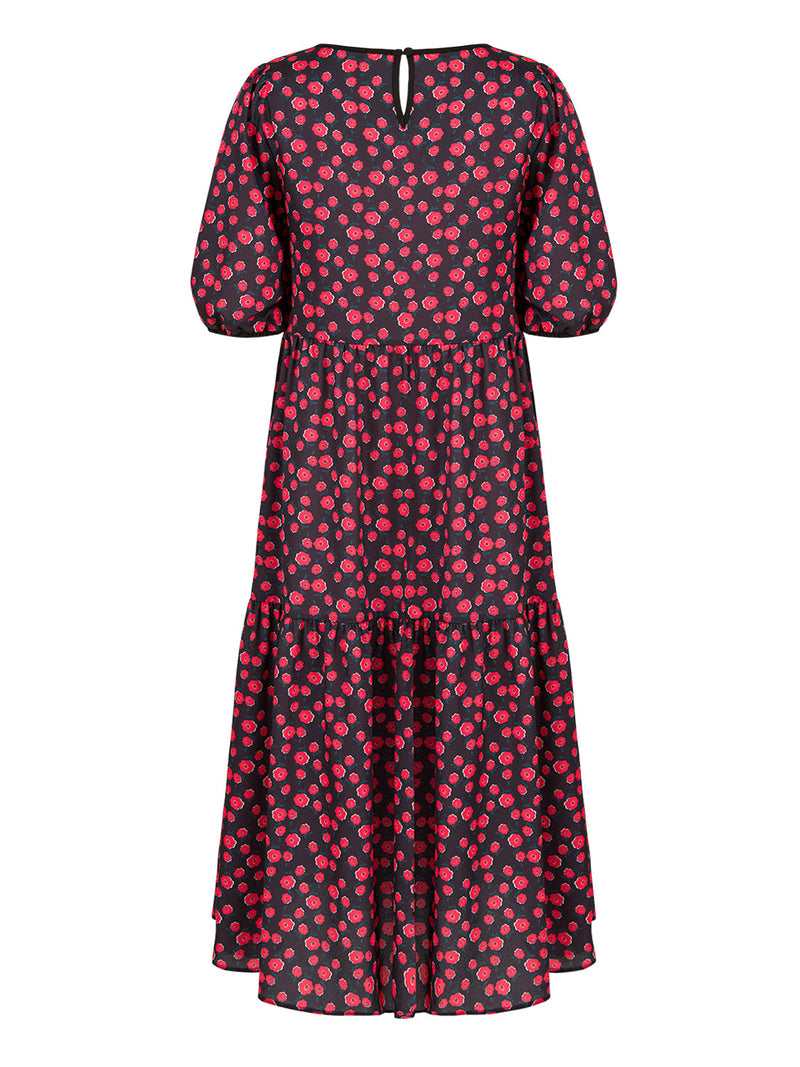 Nocturne Floral Print Balloon Short Sleeve Midi Dress Multi Color