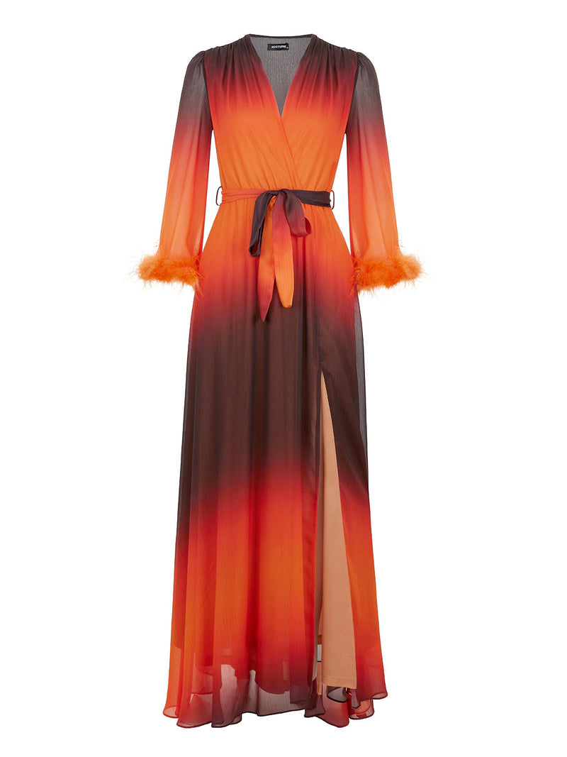 Nocturne Feathered Cuff Flowy Dress Orange