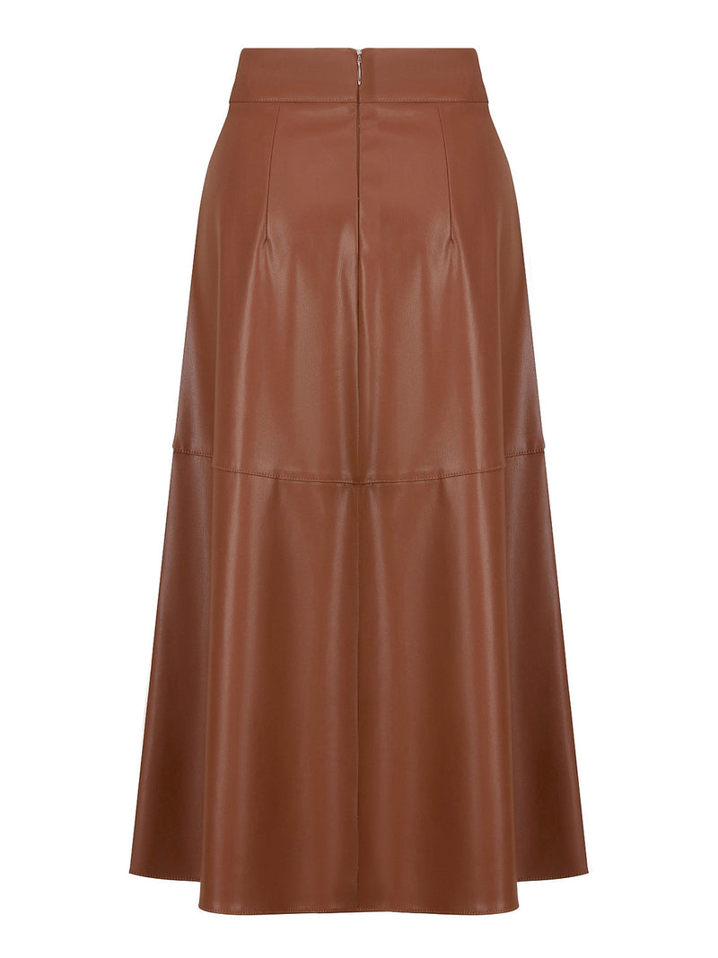 Nocturne Synthetic Leather Flared Skirt Camel