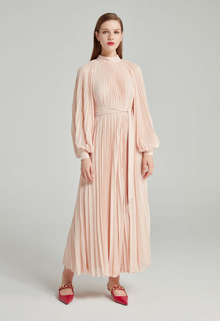 Choice Pleated Dress With Studded Details Beige