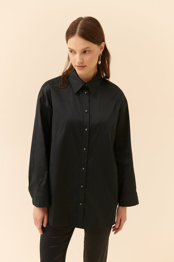 Roman Taffeta Women'S Shirt With Stone Buttons Black