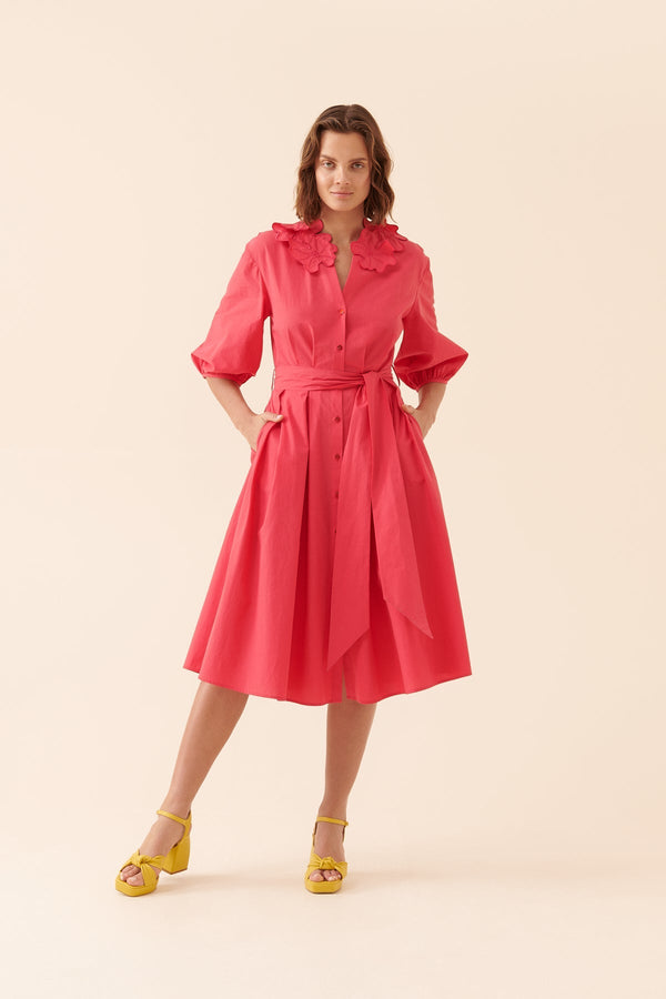 Roman Three Quarter Belted Shirt Dress Fuchsia