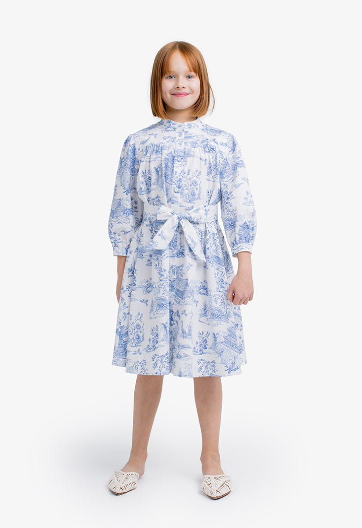 Choice Kids Printed Belted Dress Offwhite