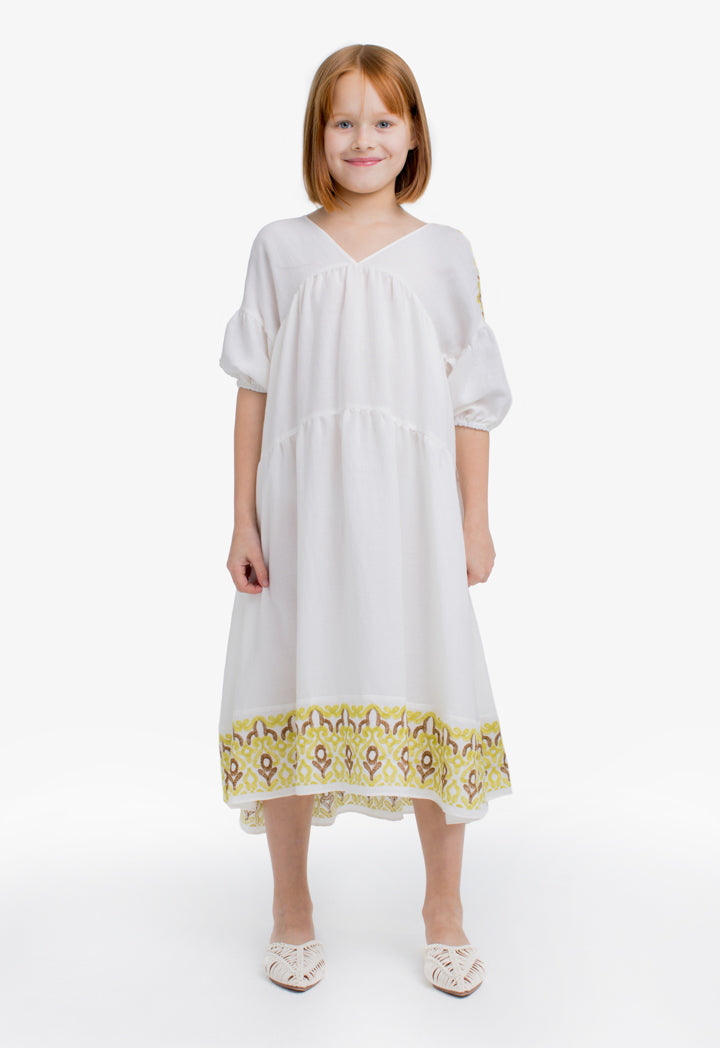 Choice Kids Solid Embroidered Short Sleeves Dress Offwhite