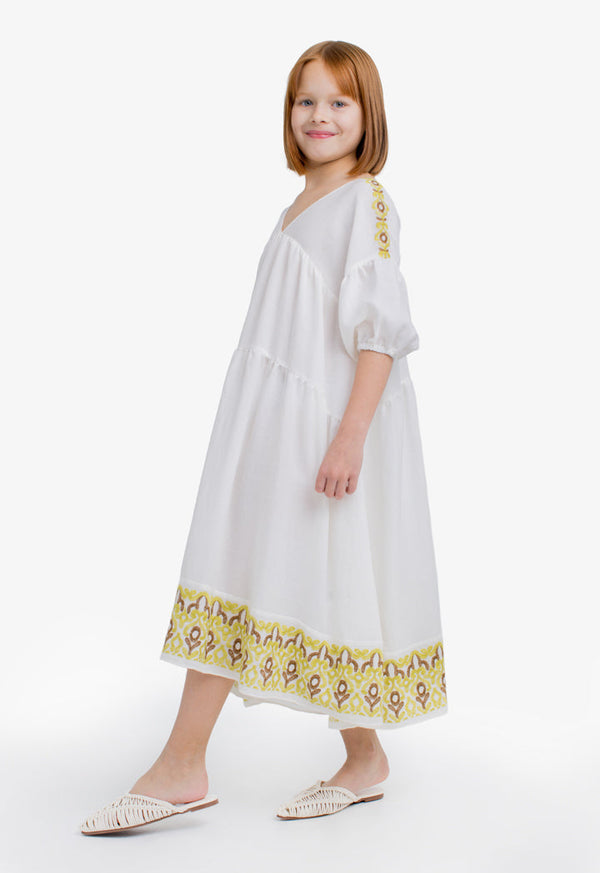 Choice Kids Solid Embroidered Short Sleeves Dress Offwhite