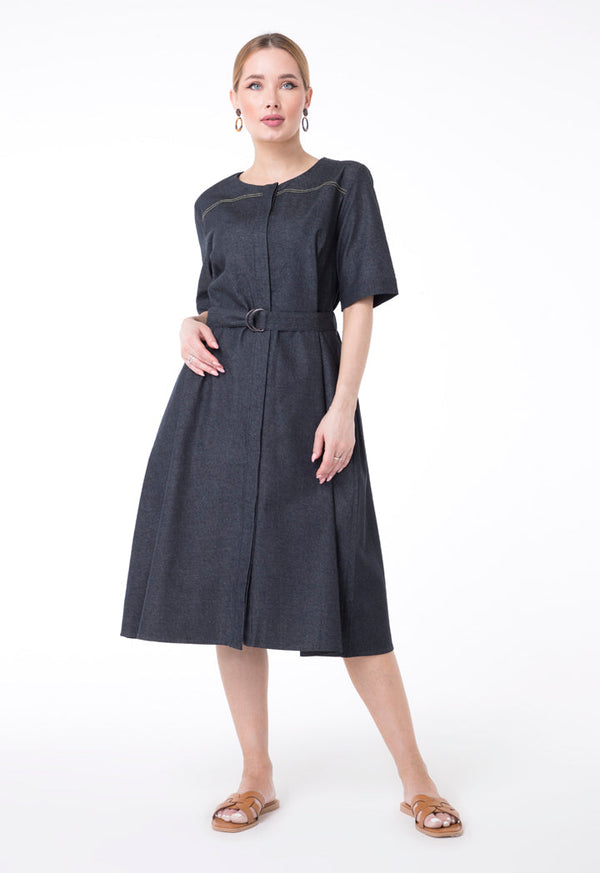 UNQ Denim Short Sleeve Belted A-Line Midi Dress DARK GREY