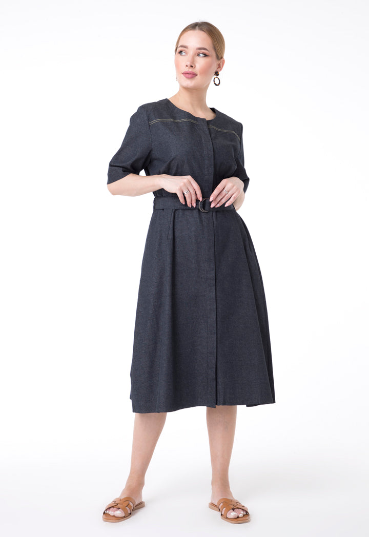 UNQ Denim Short Sleeve Belted A-Line Midi Dress DARK GREY