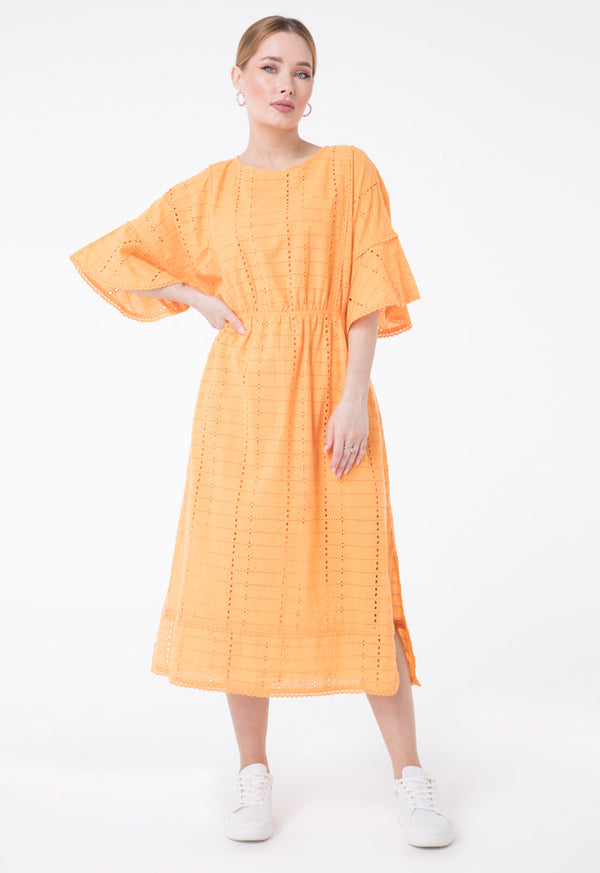 UNQ Die Cut Short Sleeve A-Line Midi Dress ORANGE