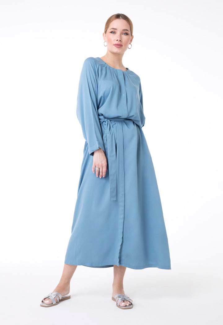 UNQ Long Sleeve Belted A-Line Midi Dress BLUE