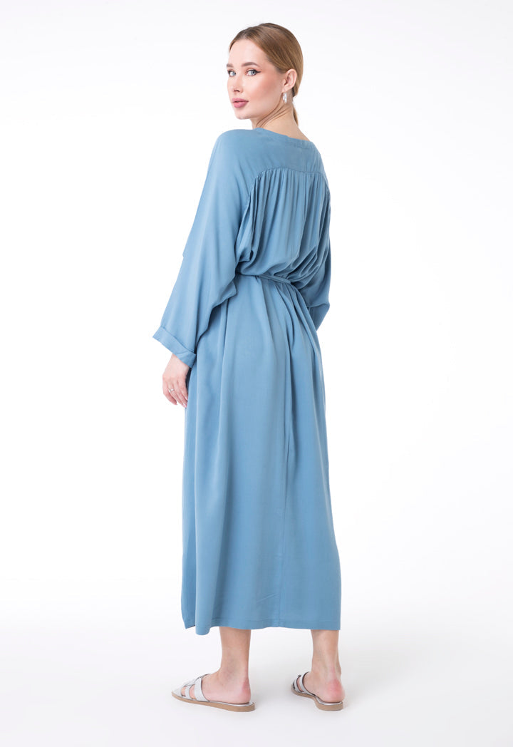 UNQ Long Sleeve Belted A-Line Midi Dress BLUE