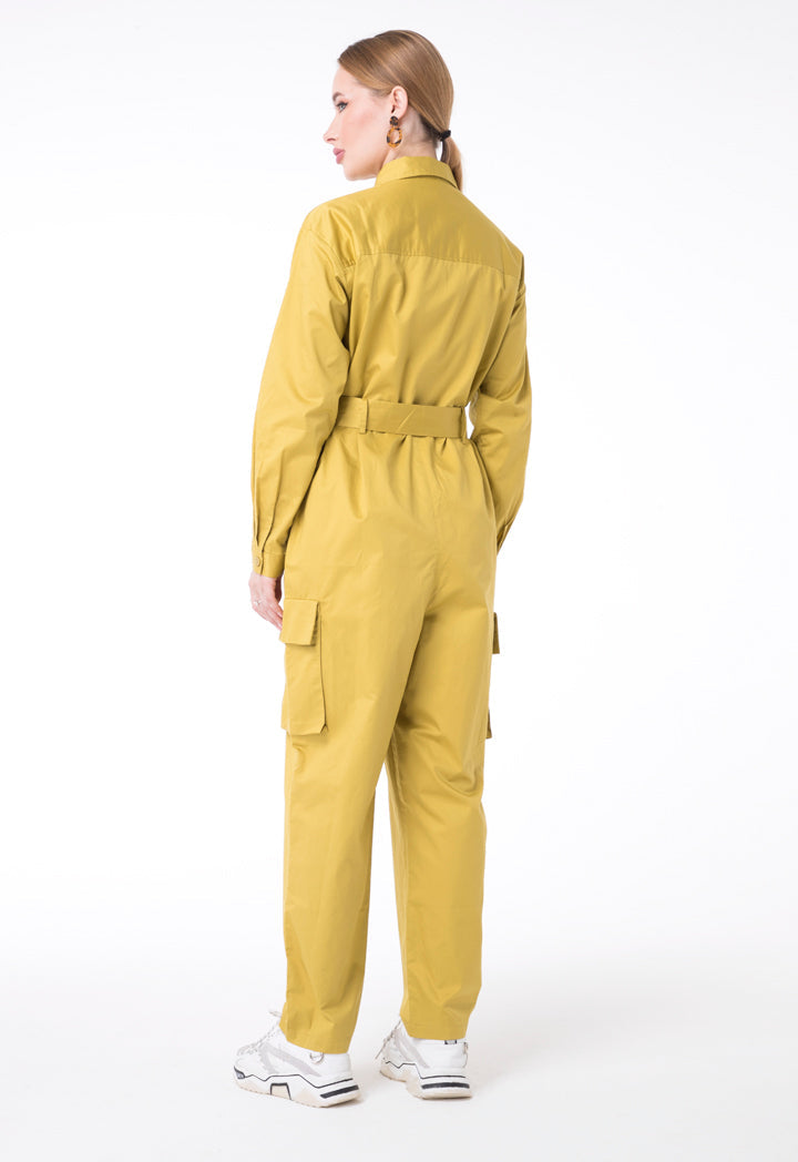 UNQ Long Sleeve Belted Cargo Jumpsuit LIME