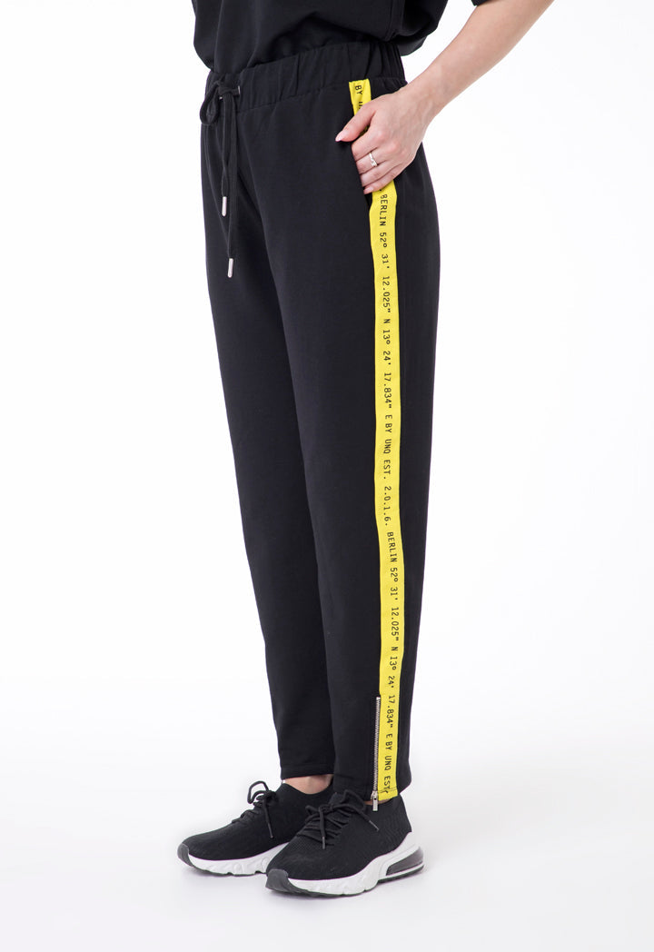 UNQ Printed Edge Drawstring Elastic Waist Trouser BLACK