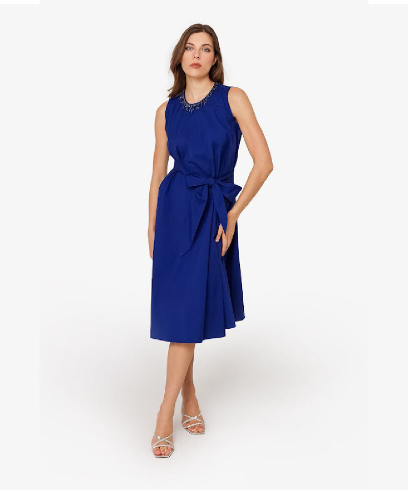 Machka Jewel Neck Belted Dress Navy Blue