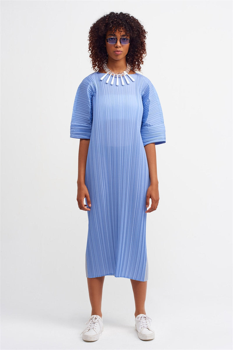 Nu Printed Pleated Midi Dress Baja Blue