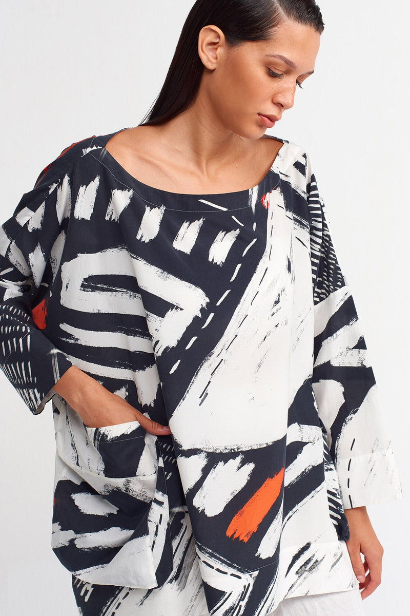 Nu Printed Double Pocket Blouse Black/Off White