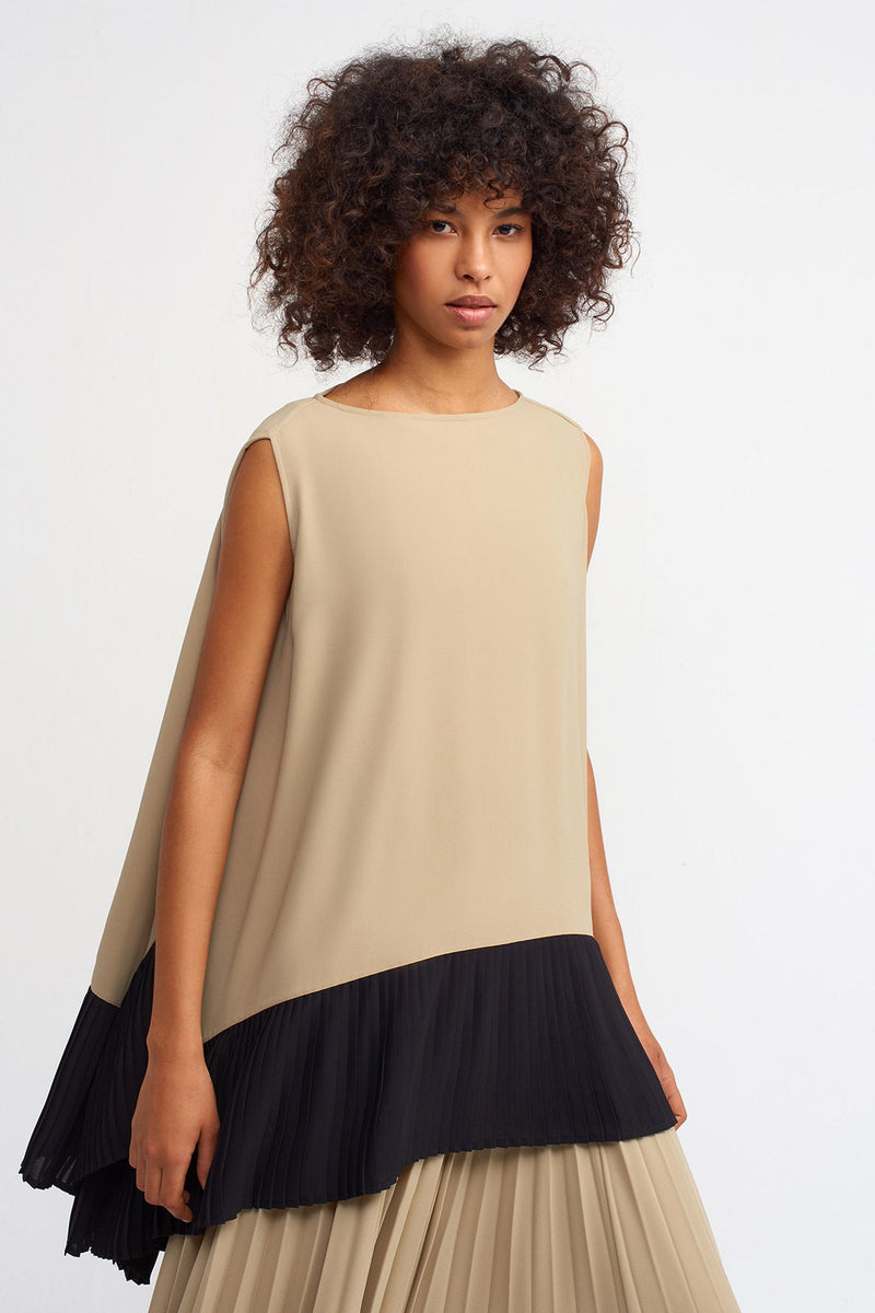 Nu Color Block Asymmetrical Blouse Beige