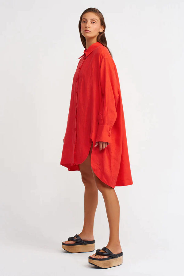 Nu Solid Oversize Long Shirt Red