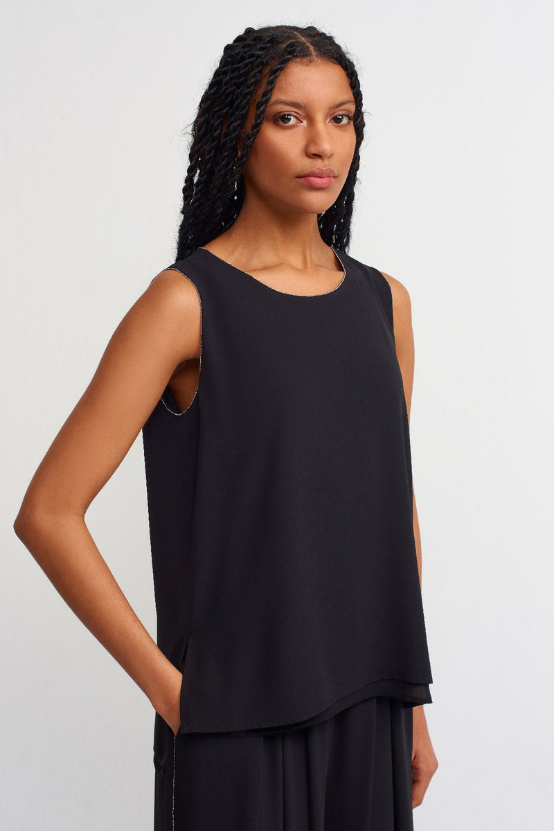 Nu Embellished Detail Solid Blouse Black