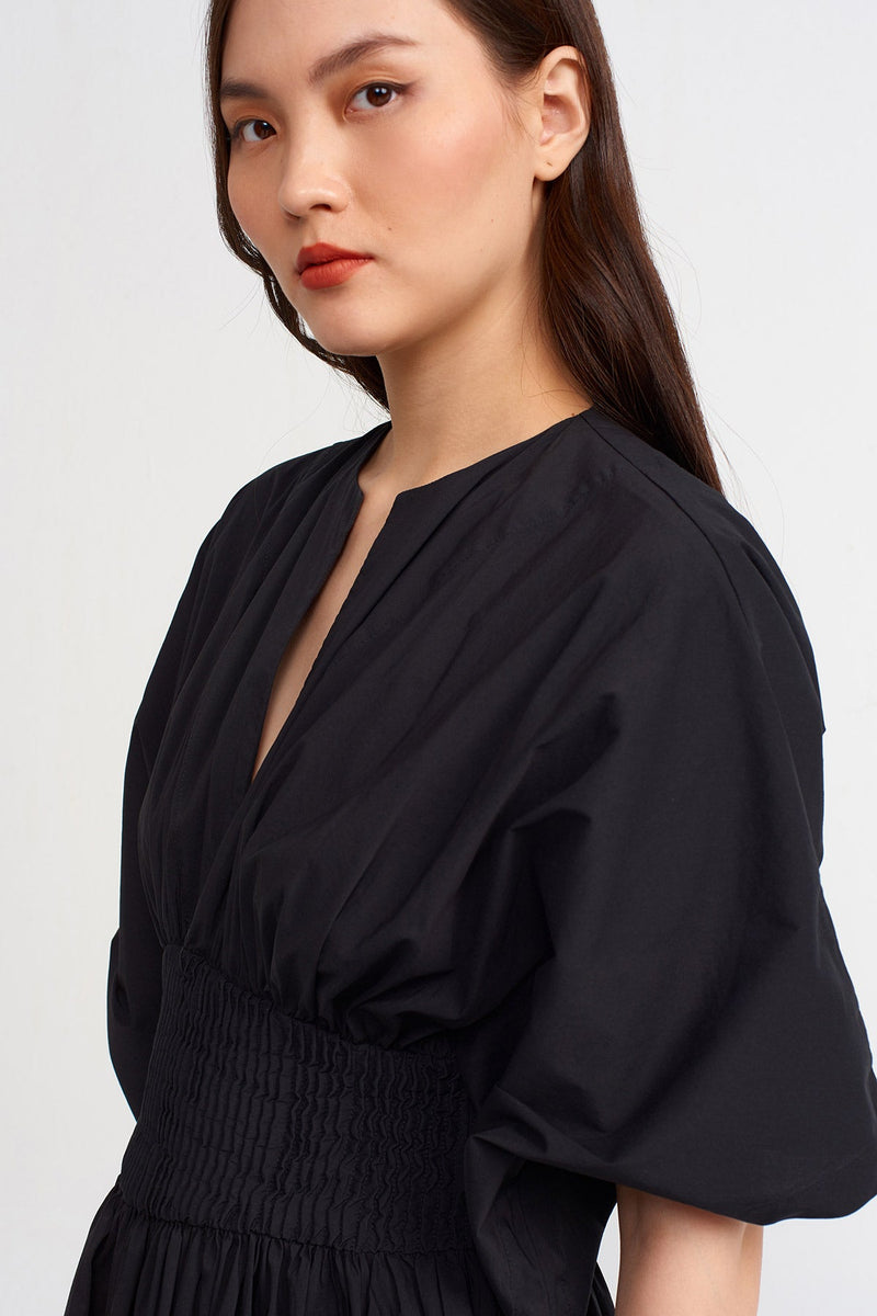 Nu Shirred Waist V-Neck Blouse Black