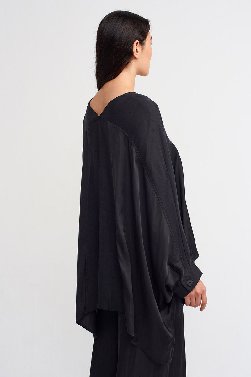 Nu Linen Mix Satin Blouse Black