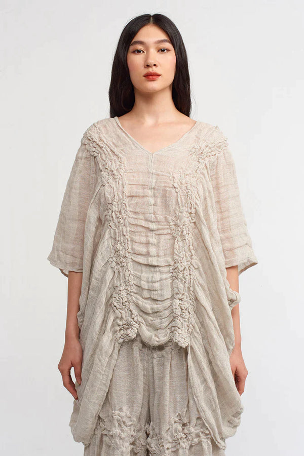 Nu Shirred Detail Asymmetrical Blouse Light Grey