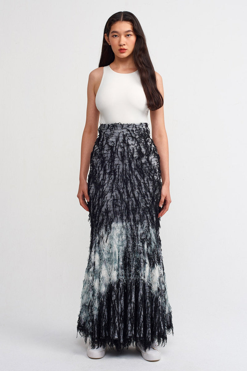 Nu Tie Dye Tasseled Maxi Skirt Black/Offwhite