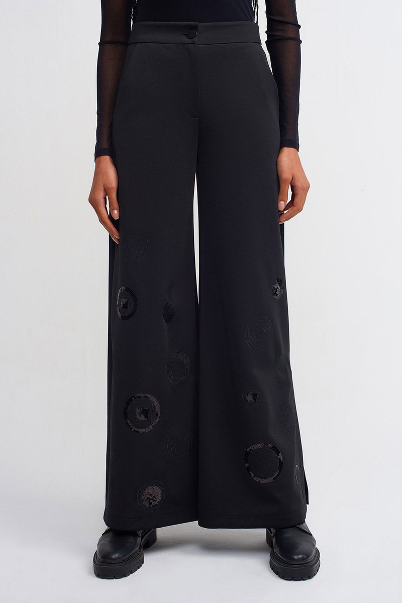 Nu Wide Leg Trousers With Embroidered Detail Black