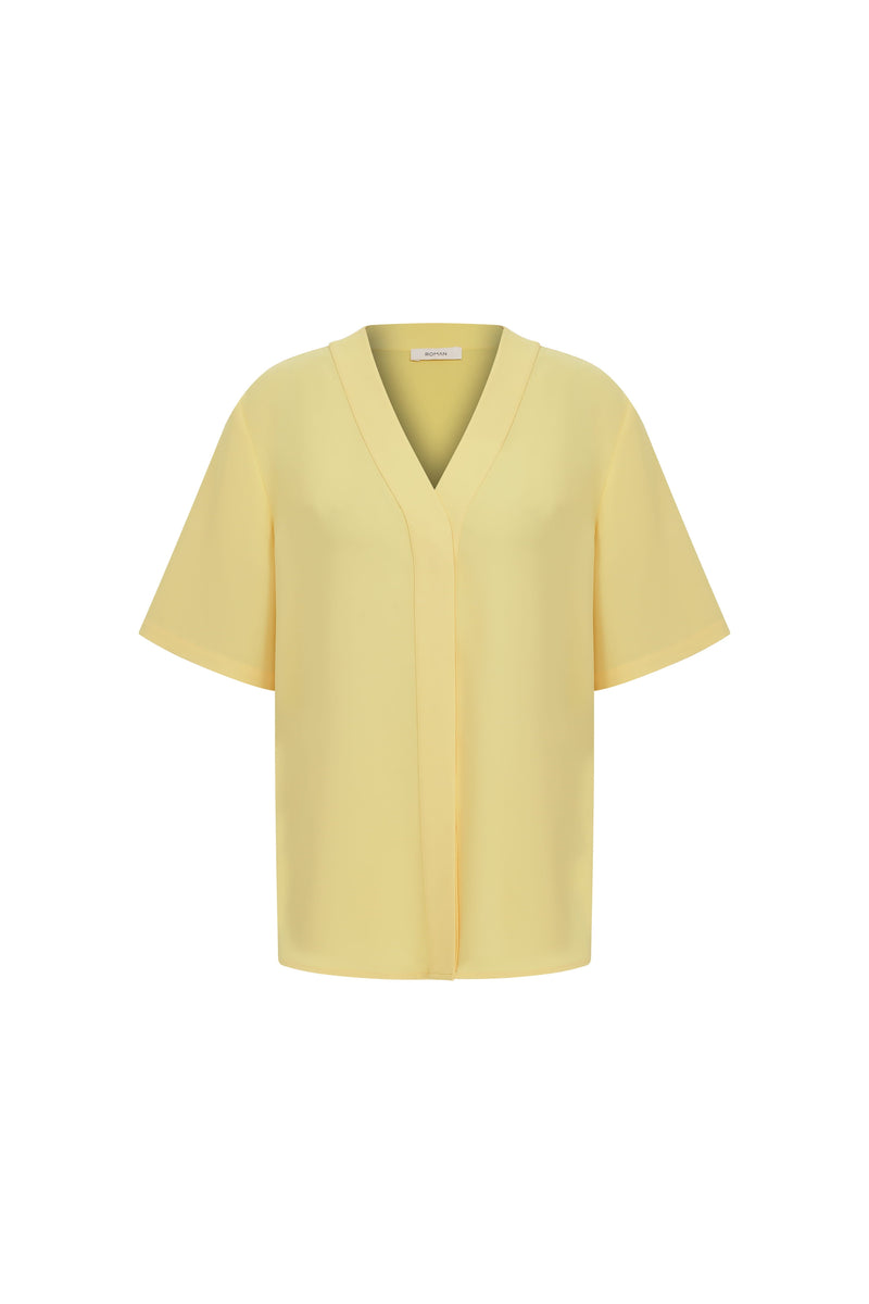 Roman V-Neck Crepe Blouse Yellow