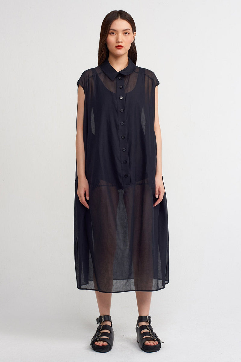 Nu Solid Sleeveless Shirt Dress Black